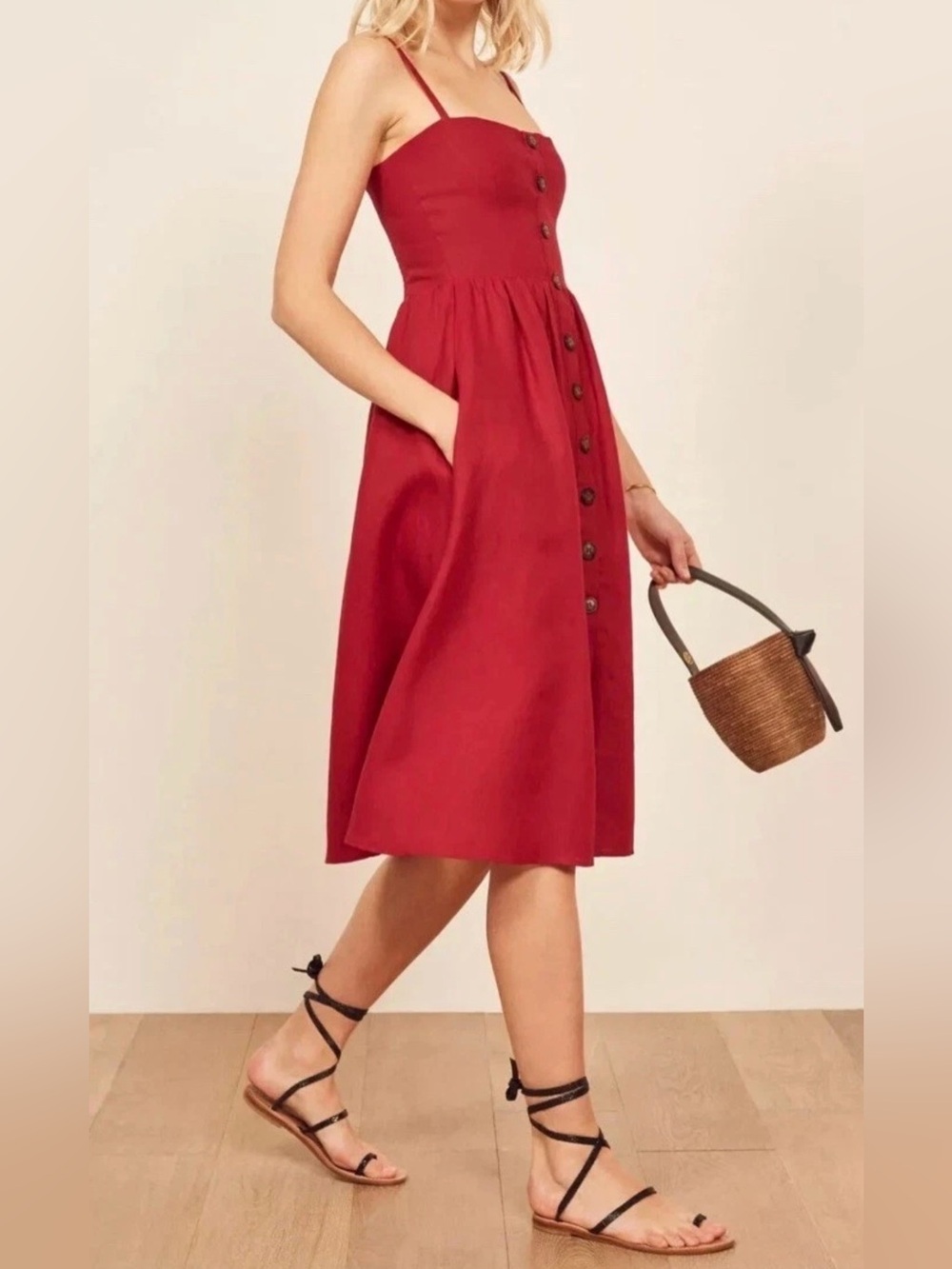 Reformation Tori Fit N Flare Linen Red Dress